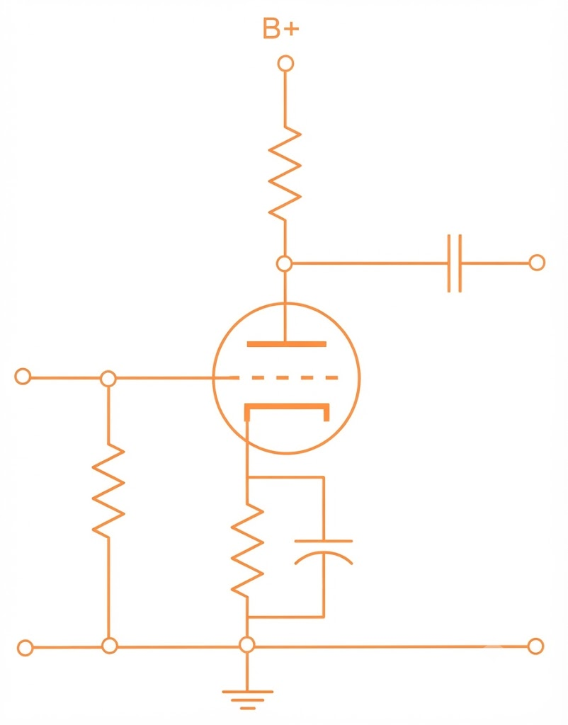 Cathode bypass cap schematic: plate resistor Ra to B+, coupling cap off the plate, cathode resistor Rk to ground with bypass cap Ck in parallel