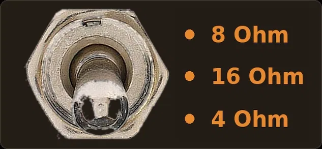 A selector switch next to its three labeled positions — 8 ohm, 16 ohm, and 4 ohm