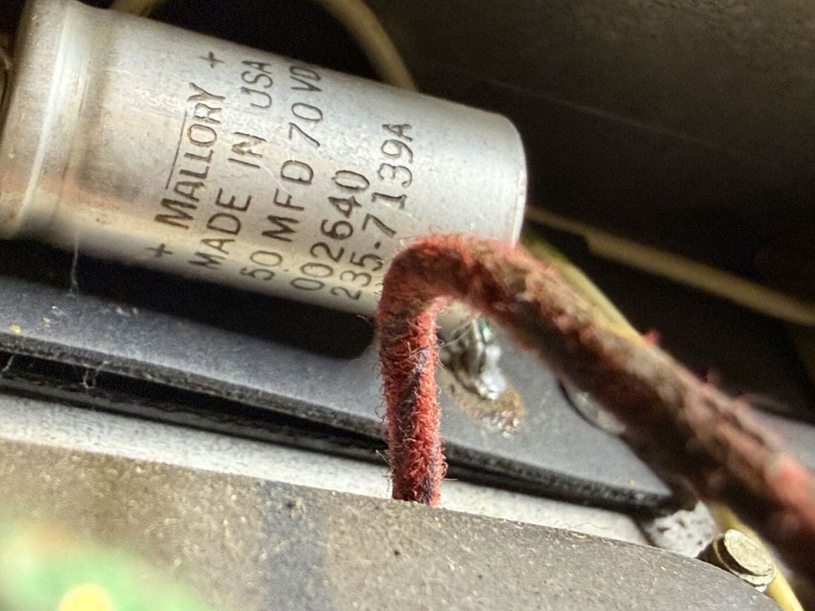 Macro shot of a Mallory 50MFD 70VDC capacitor label