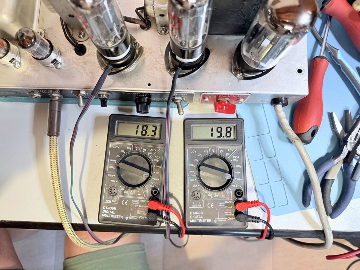 Two multimeters reading bias voltage on the new JJ 6V6 power tubes