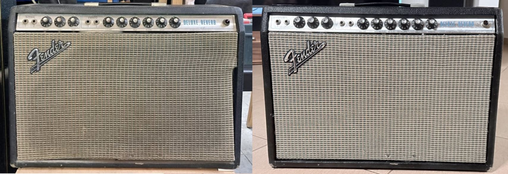 Restored 1971 Fender Deluxe Reverb, front view, cloth and cabinet cleaned up