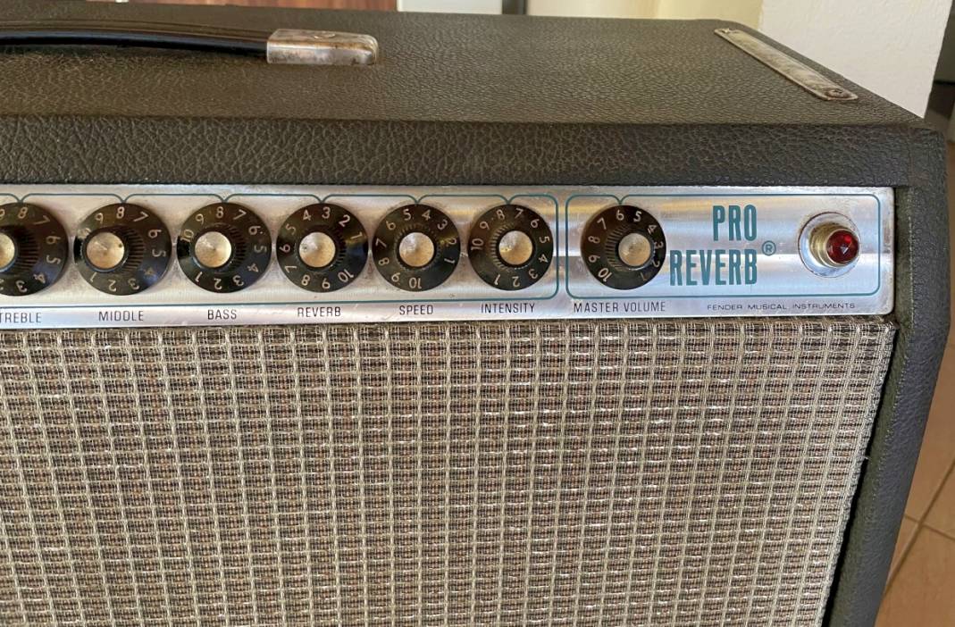 Close-up of the Pro Reverb faceplate badge and master volume knob