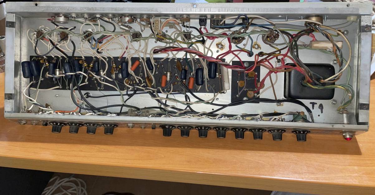 Full width shot of the original point-to-point wiring, untouched by any prior tech