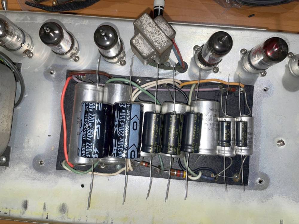 Doghouse filter cap board before replacement, original Mallory caps in place