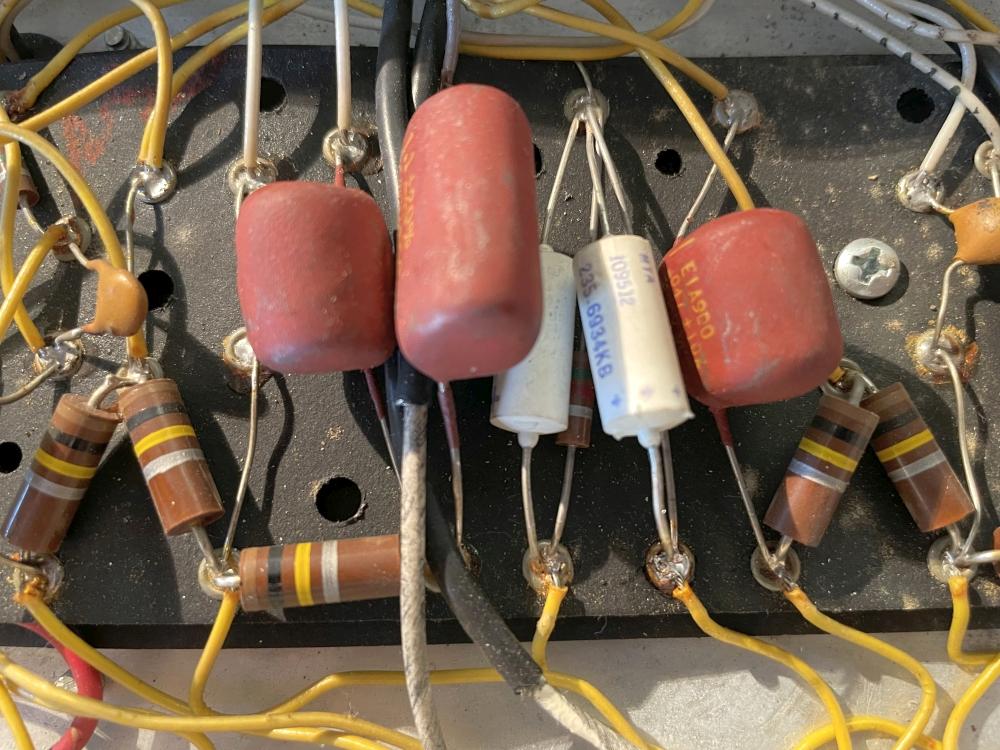 Close-up of original coupling capacitors, still in spec