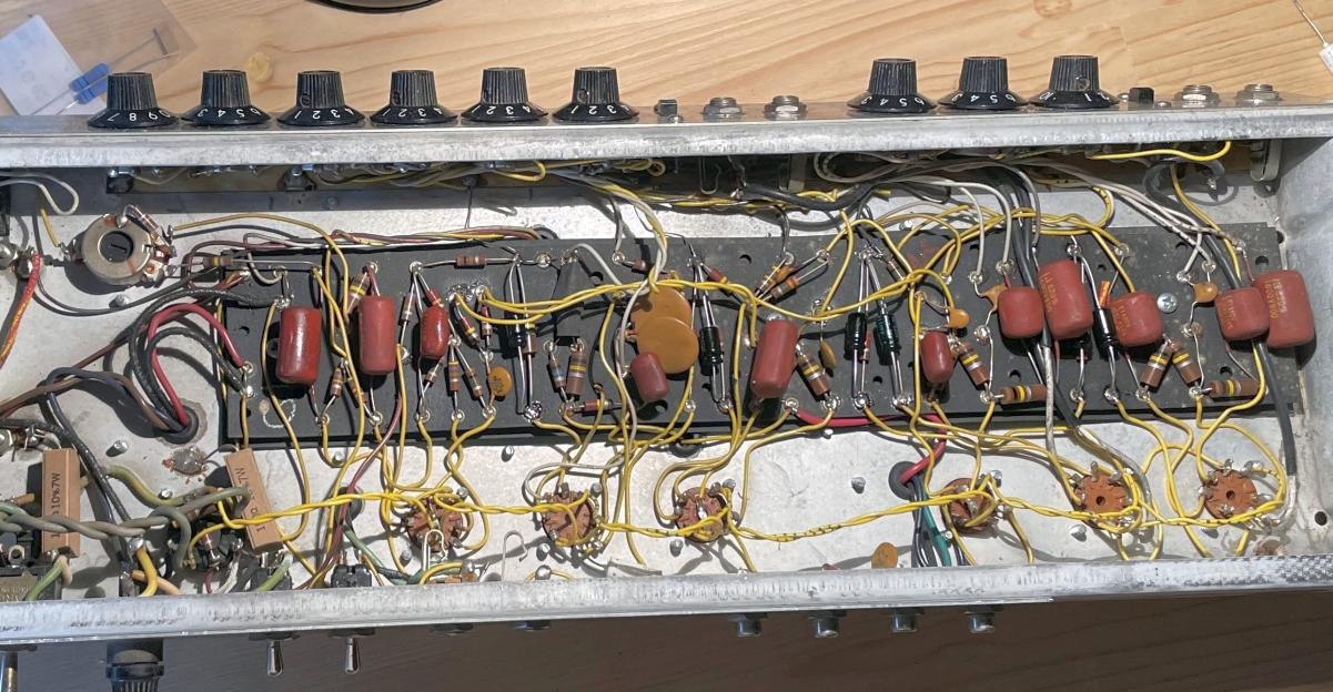 Eyelet board after recap, fresh F&T electrolytics installed alongside original coupling caps and resistors