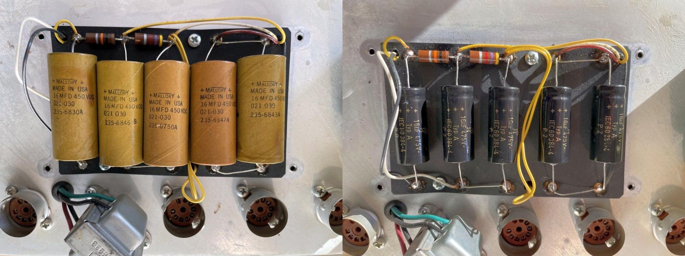 1969 Fender Vibrolux Reverb doghouse board, before and after recap